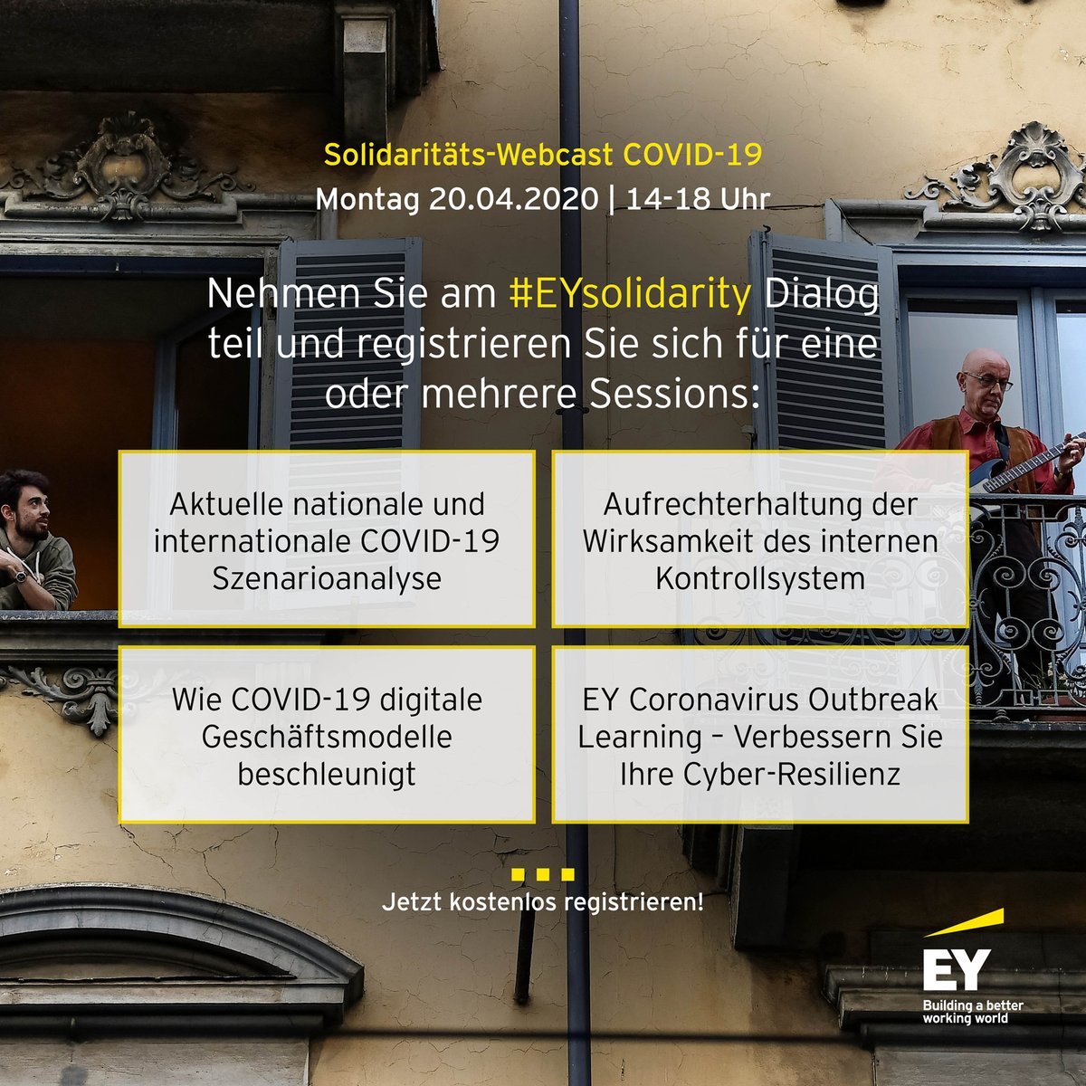 In einer Krise wie COVID-19 sind wir alle gefragt – Solidarität ist dabei zentral. Das heisst für uns: Wir sind für Sie da. Melden Sie sich hier zum COVID-19 Webcast an: bit.ly/3dSow1e. Wir beantworten virtuell Ihre brennendsten Fragen. #EYsolidarity