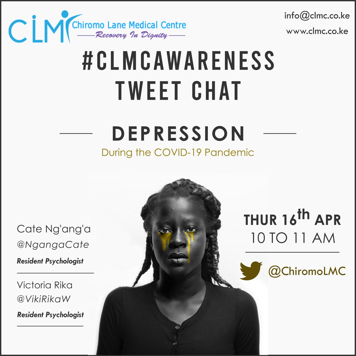 ChiromoHospGrp's tweet photo. Good Morning &amp; welcome to #CLMCAwareness. Today we will be talking about Depression during the #COVID19 pandemic.

Our panelists today are @NgangaCate &amp; @VikiRikaW 

Let's get started! https://t.co/4xyBwiCBda