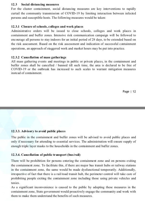 Other mandatory steps mentioned in the containment plan include closure of schools, colleges, workplaces for an initial period of 28 days, cancellation of public transport, prohibition of people exiting and entering the zone etc. 7/n