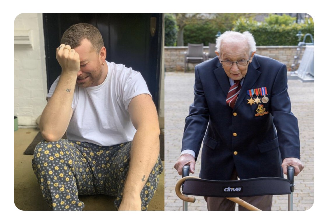 Picture that speaks a thousand words! After about two weeks in isolation you crack Sam Smith, pathetic! Meantime Captain Moore has raised over £12 million for the NHS!! The difference these days in modern society is VAST...man vs boy!