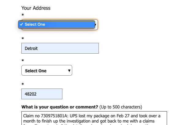 pradzzy's tweet image. Can't complete a single email to customer care since there's no option to choose in the boxes. You really have thought about fool-proofing it all, haven't you? @UPS #UPSfraud