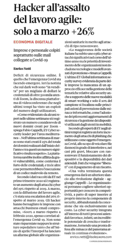 EY_Italy's tweet photo. Secondo i dati di #EYGISS nel primo trimestre 2020 si è registrato un aumento degli attacchi #cyber del 19% rispetto al 2019. A marzo, con la diffusione del lavoro agile, c'è stata una escalation del 26% rispetto allo stesso periodo dell'anno precedente. #cybersecurity #covid19 https://t.co/BFpz2JwJtm