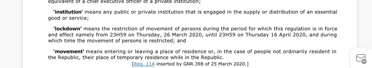 Richard_Spoor's tweet photo. This is the definition of lockdown in the regulations. Absent any new regulation it ends tonight. https://t.co/LrKXaeZNMS