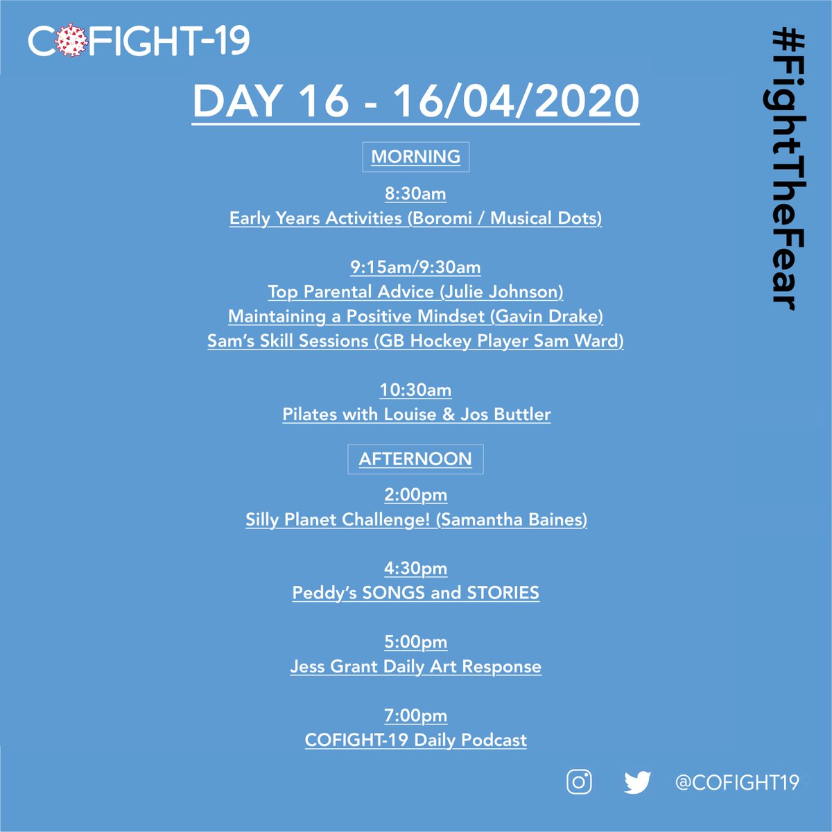 Cofight19's tweet photo. Happy DAY 16 of COFIGHT-19!
Find today's schedule below!
Have a good one!
#fightthefear #forgeourfuture https://t.co/CnPjIqA0an