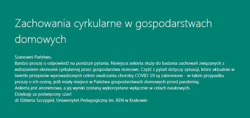 circular_pp's tweet image. Circular Behaviour in households

We invite all our Polish-speaking readers to complete the survey on “Circular Behaviour in households”.

The survey is available here:
circularpp.eu/circular-behav…

#circulareconomy
#circularmodel
#UniwersytetPedagogiczny