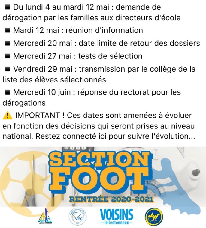 VoisinsFc's tweet photo. #SectionFoot📒📘l INFO IMPORTANTE ! Sous réserve que la rentrée scolaire ait bien lieu le lundi 11 mai, voici les nouvelles dates pour la sélection 👇 https://t.co/iW9YXz0H0C