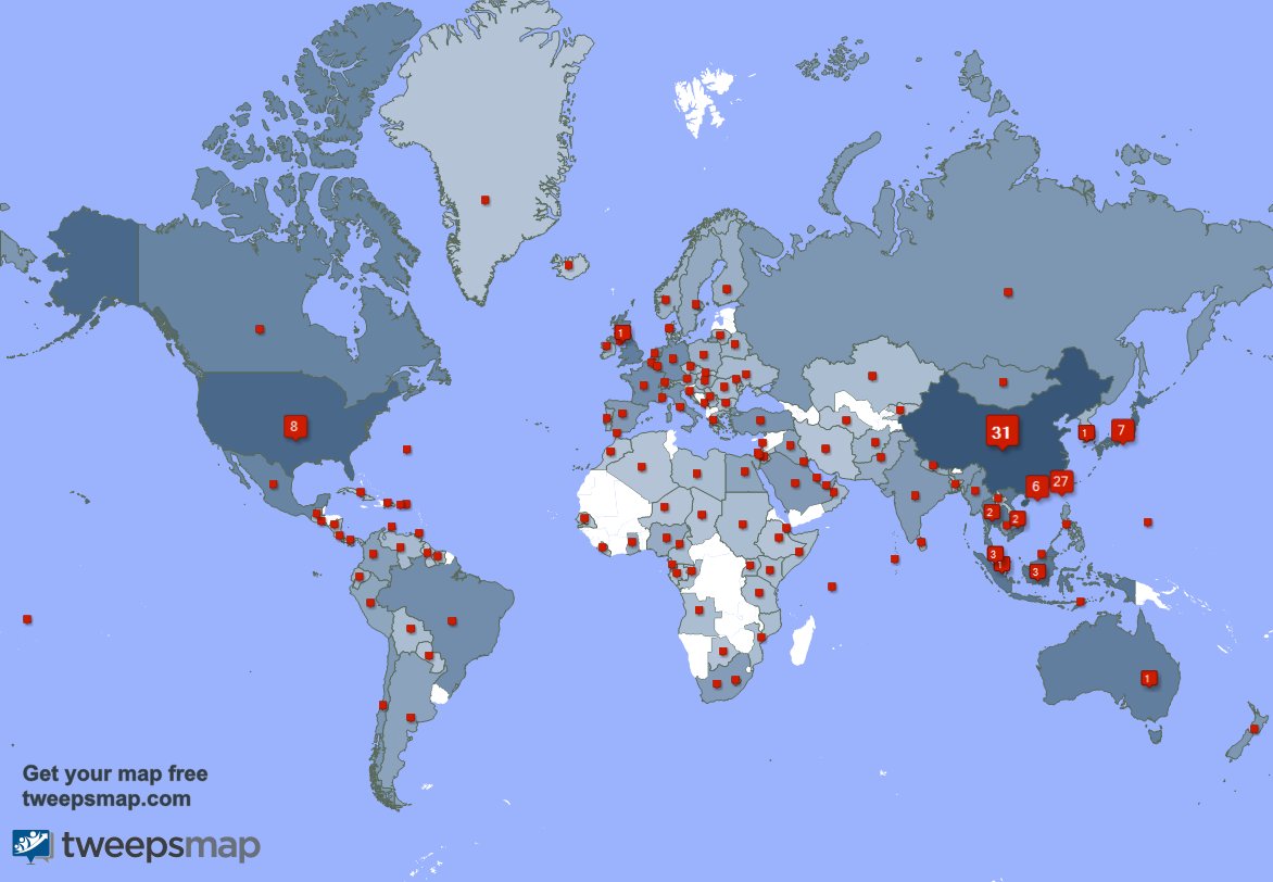 My followers live in 134 countries: China(31%), Taiwan(27%)... https://t.co/DfgpiI1ISK
Get your free map! https://t.co/UIeAkzhhrJ