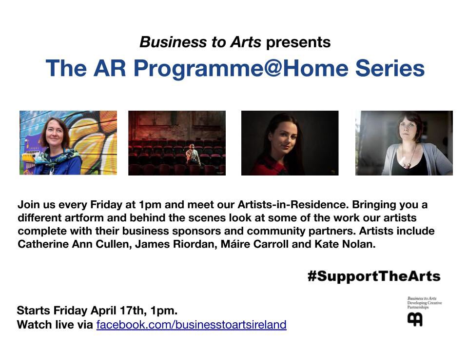 4. If you would like to get a behind-the-scenes look at our artist-in-residence programme and ways to explore your poetry, theatre, music and photography skills...Join  @businesstoarts live on Fridays 1pm for 4 weeks. Starting with  @tarryathome 17 April  https://m.facebook.com/businesstoartsireland