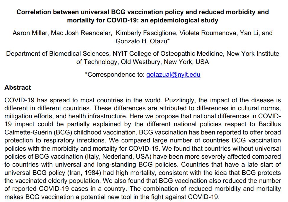 You may have come across the "BCG hypothesis" lately - strong correlation between universal  #BCG vaccination & protection against  #Covid19. See attached abstract as an example. These studies received much media attention. But wait, how sound are these results? Thread 1/