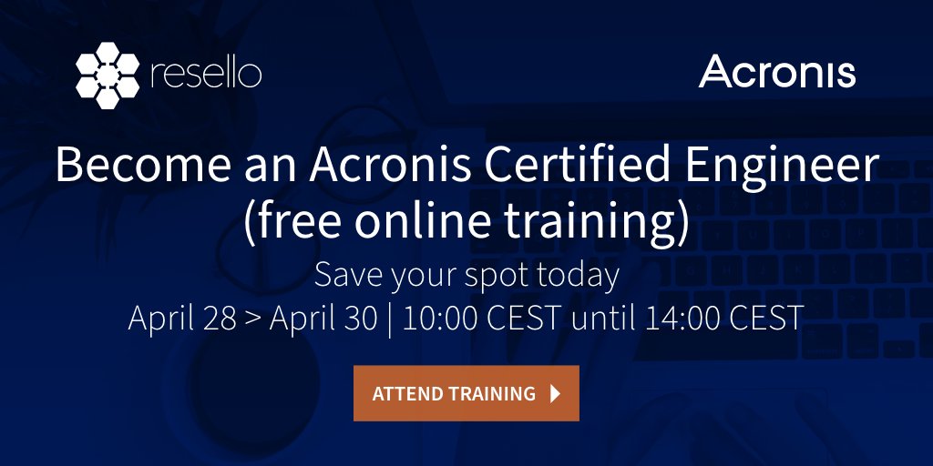 Resello's tweet photo. This April you (or one of your colleagues) can become an @Acronis Acronis Certified Engineer (ACE). Both the training and the exam are online and free of charge! Save your spot today: April 28 > April 30 | 10:00 CEST until 14:00 CEST https://t.co/31PhH7DBcP https://t.co/pKu61IJ88F
