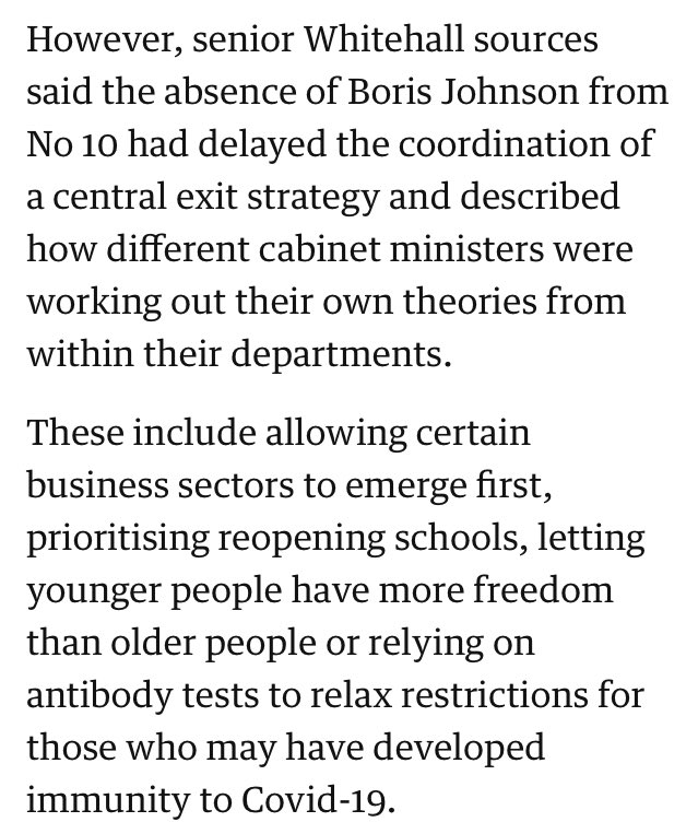 And at the same time there’s this in Guardian which is incredibly worrying: Whitehall sources say there is no exit strategy being coordinated centrally from government at the moment