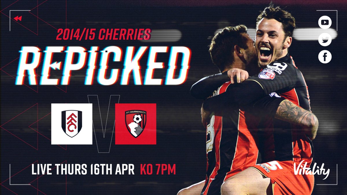 afcbournemouth's tweet photo. #CherriesRepicked returns ⏪

Once again, we're bringing you a famous 90 minutes to relive on @YouTube 🙌

Tonight at 7pm, we go back to the Championship for our victory over Fulham from 2015 🔥 https://t.co/24TRqIc5lq