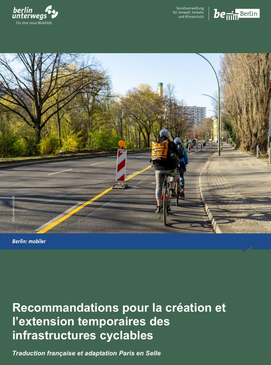 Il y a quelques jours, la ville de Berlin a édité un guide pour la mise en place de pistes cyclables temporaires.
🇩🇪🚧🚴🏼‍♀️🚴🏼‍♀️🚴‍♂️🚴🏼‍♀️🚴‍♂️🚴‍♂️🚧

On s'est dit que ça pourrait être utile d'en avoir une version française 🇫🇷, alors la voilà ⬇️. Bonne lecture !
drive.google.com/open?id=143Rta…