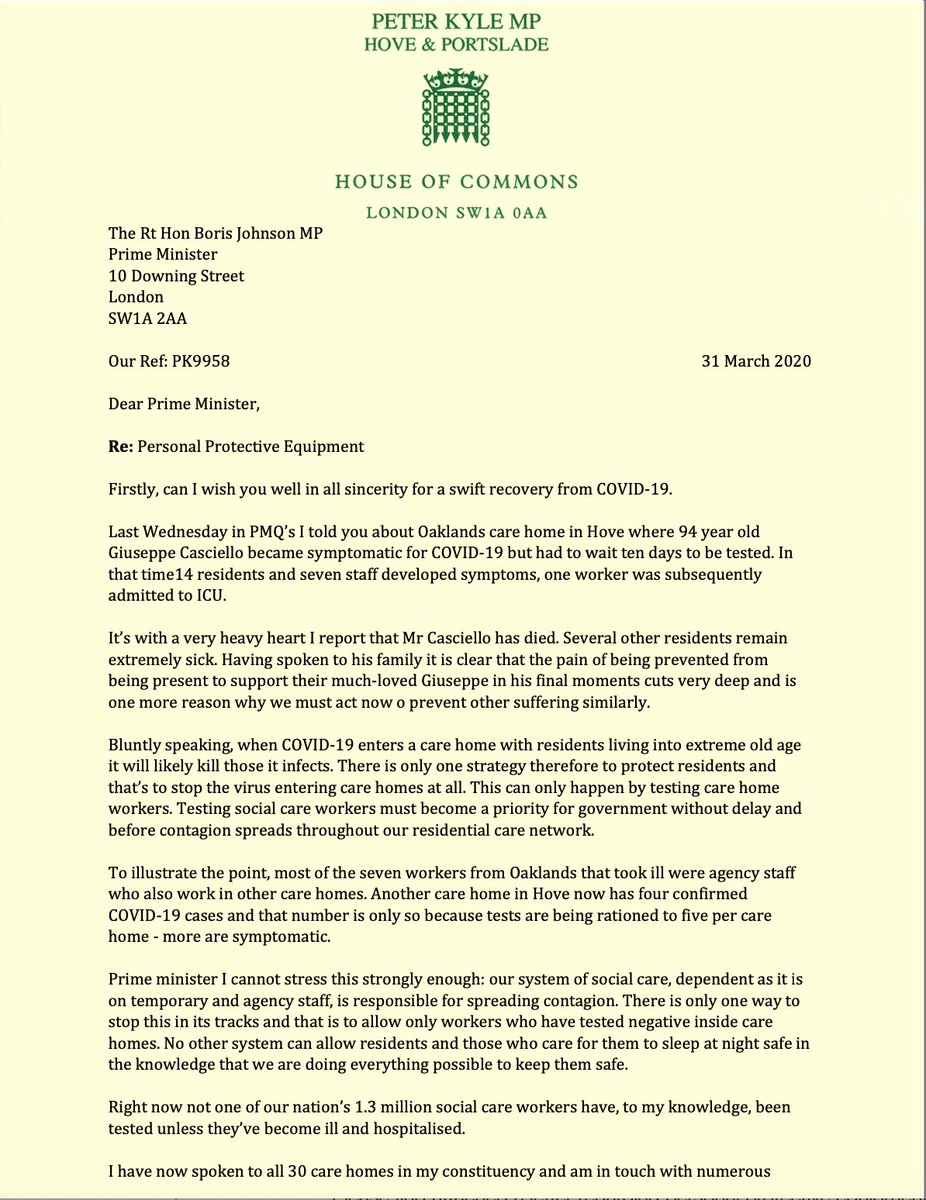 I wrote to  @BorisJohnson and  @MattHancock weeks ago telling them this: “our system of social care, dependent as it is on agency staff, is responsible for spreading contagion”