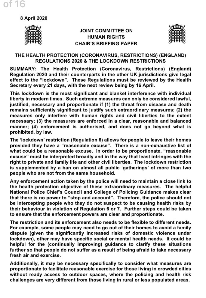 Today the ‘lockdown regulations’ (the law giving police and others the power to enforce lockdown) must be reviewed by Matt Hancock MP and either renewed/revoked or replaced. Here is a detailed  @HumanRightsCtte briefing paper on the regulations /1  https://publications.parliament.uk/pa/jt5801/jtselect/jtrights/correspondence/Chairs-briefing-paper-regarding-Health-Protection-Coronavirus-Restrictions-England-Regulation-2020.pdf