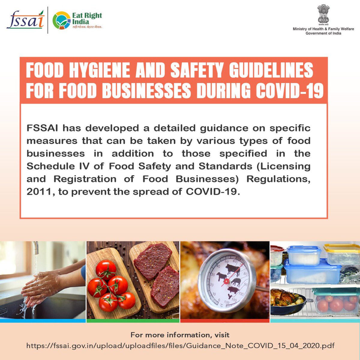 fssaiindia's tweet photo. #CovidUpdates 
FSSAI has developed a detailed guidance on measures for food businesses in addition to those specified in the Schedule IV of Food Safety and Standards Regulations 2011, to prevent the spread of #COVID19. Visit https://t.co/BY5h7gH2NK.

@MoHFW_INDIA @airnewsalerts https://t.co/6cZOuq5aC4