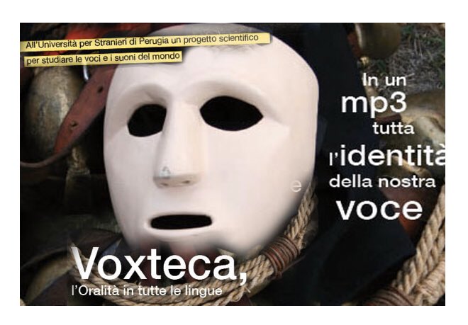 Voxteca's tweet photo. LE NUOVE FRONTIERE DELLA RICERCA SCIENTIFICA #

Voxteca, un progetto di ricerca scientifica dell’@UNISTRAPG dedicato allo studio dell’oralita, dei dialetti, gerghi, suoni e voci. >>>>leggi
https://t.co/b4r7w9JPbu…

https://t.co/LVJQITJ3kM giornata mondiale della voce https://t.co/AEloVWNIPE