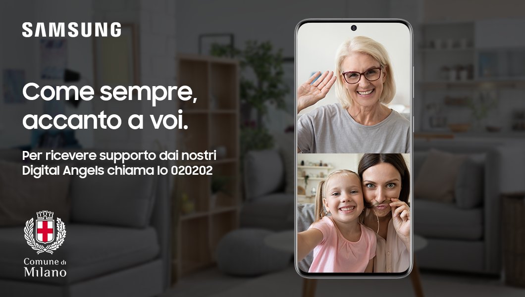 Samsung supporta Milano Aiuta con il Comune di Milano, sostenendo i cittadini in un momento di difficoltà. I nostri Digital Angels risponderanno allo 020202 per aiutare gli anziani a contattare i propri cari grazie alla tecnologia. #milanodigitale #dowhatyoucant #usciamoneinsieme