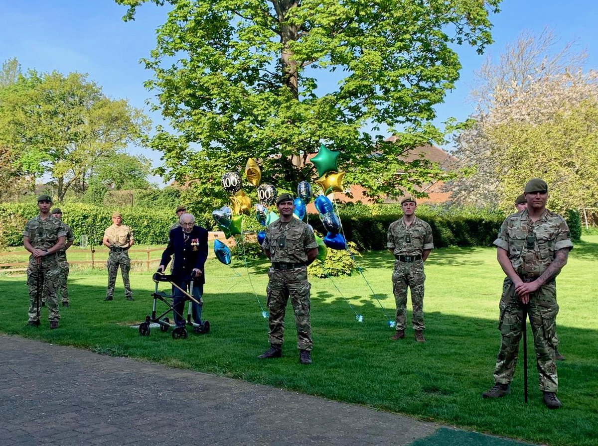 DefenceHQ's tweet photo. "We class Captain Tom as one of our own, so it’s a fantastic honour to be here today to witness such an inspirational act from a phenomenal individual. Thank you Tom!” - @RSM_1YORKS

Congratulations to @captaintommoore from everyone at the MOD and the Armed Forces! https://t.co/mSqZuMNjLH