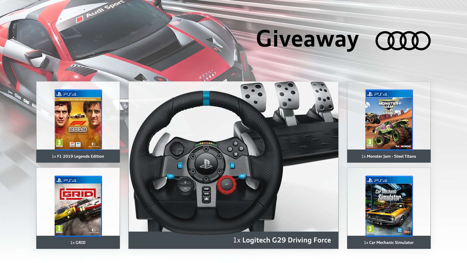 Audi Belgium esports on a @Logitech G29 Driving Force (PS4 |PC) and 4 racing games, so you can drive off style (virtually) 1️⃣ Follow @AudiBE_esports 2️⃣ RT post