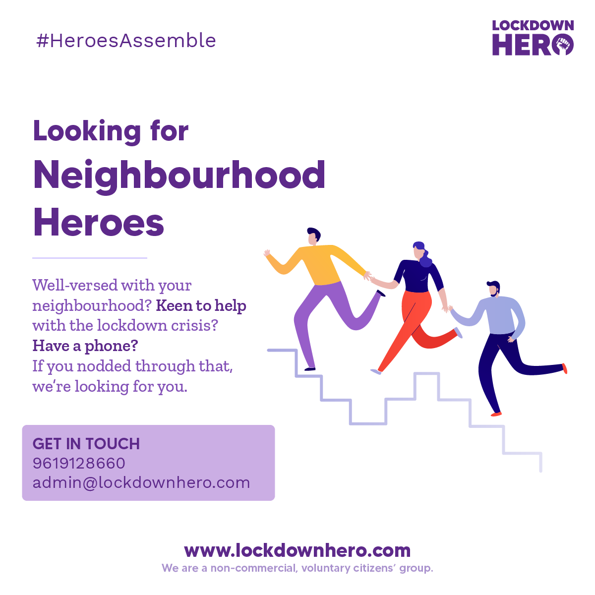 LockdownHero's tweet photo. We don’t need you to step out, just #StepUp. Use your #phone to coordinate and help with #supplying #essentials in your #neighbourhood. If you’re eager to rise to the occasion, #GetInTouch with us.
#HeroesAssemble https://t.co/ghRMSIuxIN