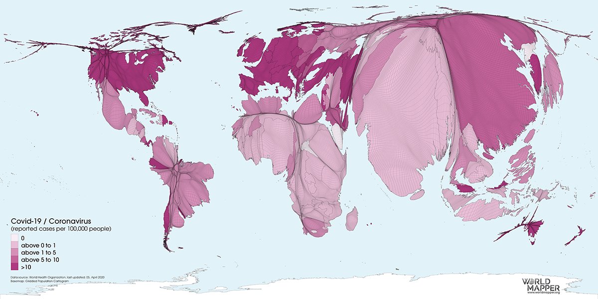 The <a href="/worldmapper/">Worldmapper 🦋 worldmapper.bsky.social</a> team have created these cartograms, portraying the number of deaths from, and reported cases of, Covid-19
See more here: geog.gr/CovidMaps