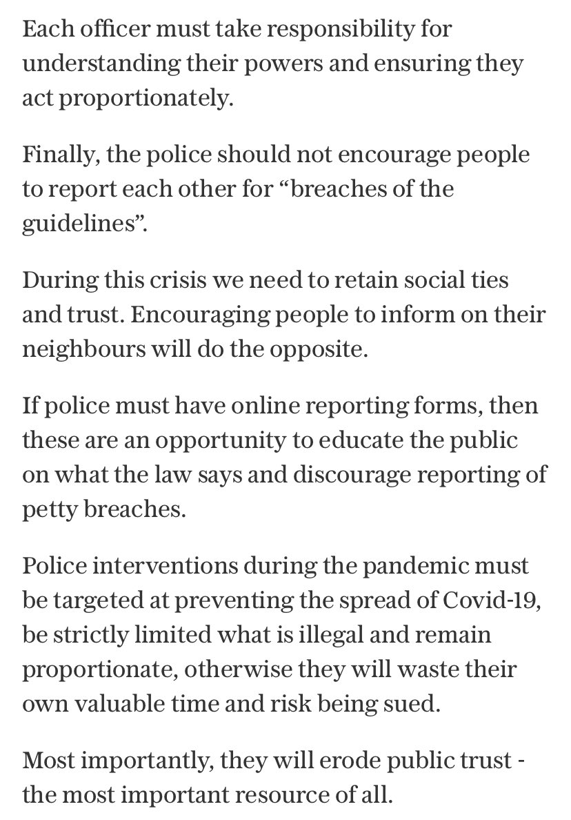 I have written about how to improve the police response, it is still not clear whether the regular social media stories of overreach are representative or outliers but we need to know urgently  https://www.telegraph.co.uk/news/2020/04/10/policing-coronavirus-lockdown-impossible-task-will-lead-wrongful/?WT.mc_id=tmg_share_tw /6