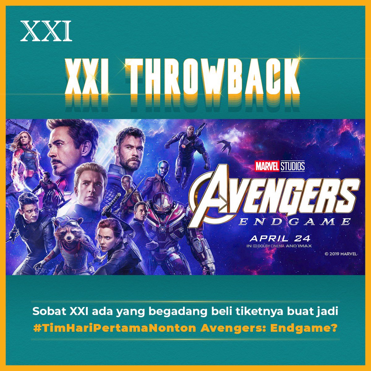 cinema21's tweet photo. Tepat satu tahun yang lalu penjualan tiket #AvengersEndgame dibuka! Ada yang sampe begadang? Masih pada inget gak nonton di XXI mana? Reply gaess 👇

#XXIThrowback https://t.co/yCTqK13iGr