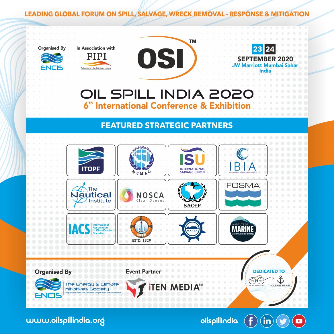 oilspillindia's tweet photo. Welcoming on-board our Featured our Strategic Partners ITOPF , @INSA_Mumbai , @MemacRsa , @IMarEST , MANSA, International Salvage Union ,IACS ,Fosma ,The Nautical Institute ,@sacep_org , NOSCA Clean Oceans
at Oil Spill India (2020)!
#compensation #conservation #osi2020 #shipping https://t.co/gbv7OZeqLn