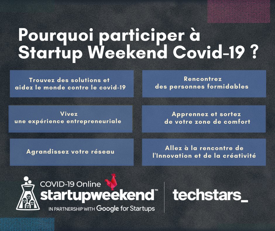 Tu as des idées pour résoudre des problématiques liées à la crise du #COVID19 ? 💡
Tu n'as pas d'idée mais tu aimerais participer à un projet ?

Viens prendre ta place 🔥 bit.ly/StartupWeekend…