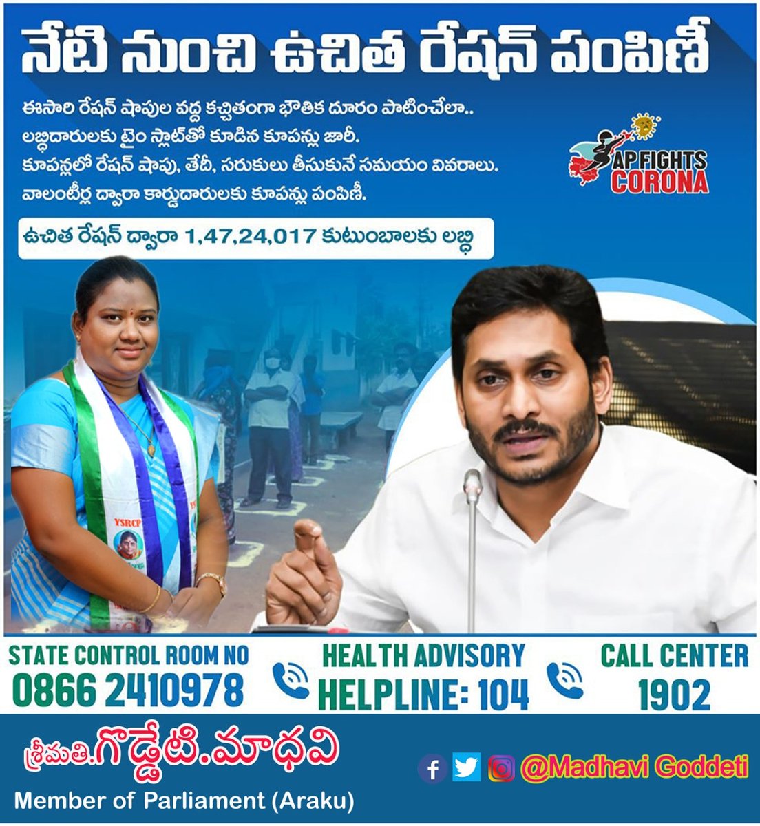 MadhaviGoddeti's tweet photo. నేటి నుంచి రెండో విడత ఉచిత రేషన్ పంపిణీలో ఎటువంటి ఇబ్బంది లేకుండా అదనపు కౌంటర్లు ఏర్పాటు చేసి వాలంటీర్లు ద్వారా కార్డుదారులకు కూపన్లు పంపిణీ
#StayAtHomeSaveLives
#APFightsCorona
#MadeInAPtestKits
#GoddetiMadhavi
#Araku_MP https://t.co/snmYDN8bMR