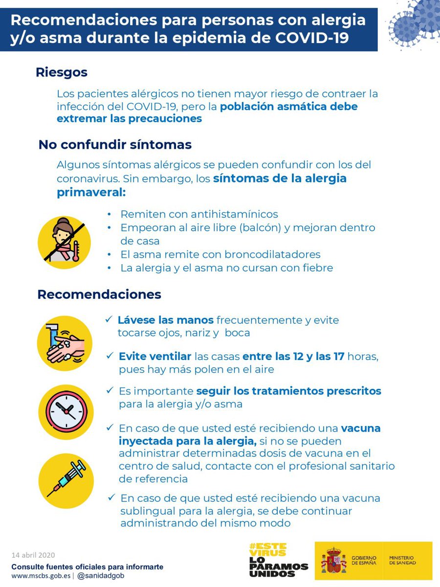 Salud Pública (@saludpublicaes) on Twitter photo 🔸Algunos SÍNTOMAS ALÉRGICOS se pueden confundir con los del coronavirus
🔸Los pacientes alérgicos NO tienen mayor riesgo de de contraer el #COVID19
🔸Si tienes ASMA debes extremar las precauciones
#EsteVirusLoParamosUnidos
Sigue estas recomendaciones de <a href="/sanidadgob/">Ministerio de Sanidad</a> 👇 🔸Algunos SÍNTOMAS ALÉRGICOS se pueden confundir con los del coronavirus
🔸Los pacientes alérgicos NO tienen mayor riesgo de de contraer el #COVID19
🔸Si tienes ASMA debes extremar las precauciones
#EsteVirusLoParamosUnidos
Sigue estas recomendaciones de <a href="/sanidadgob/">Ministerio de Sanidad</a> 👇