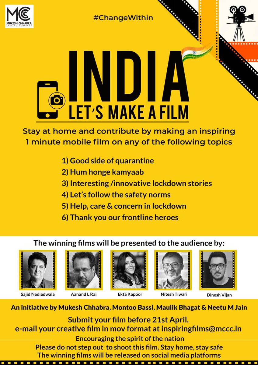 Eminent names - #SajidNadiadwala, #AanandLRai, #EktaKapoor, #NiteshTiwari and #DineshVijan - come together for an initiative: 1-minute film on mobile *while staying at home*... Initiative was announced by #KaranJohar... DETAILS... #IndiaLetsMakeAFilm #ChangeWithin #MahaveerJain