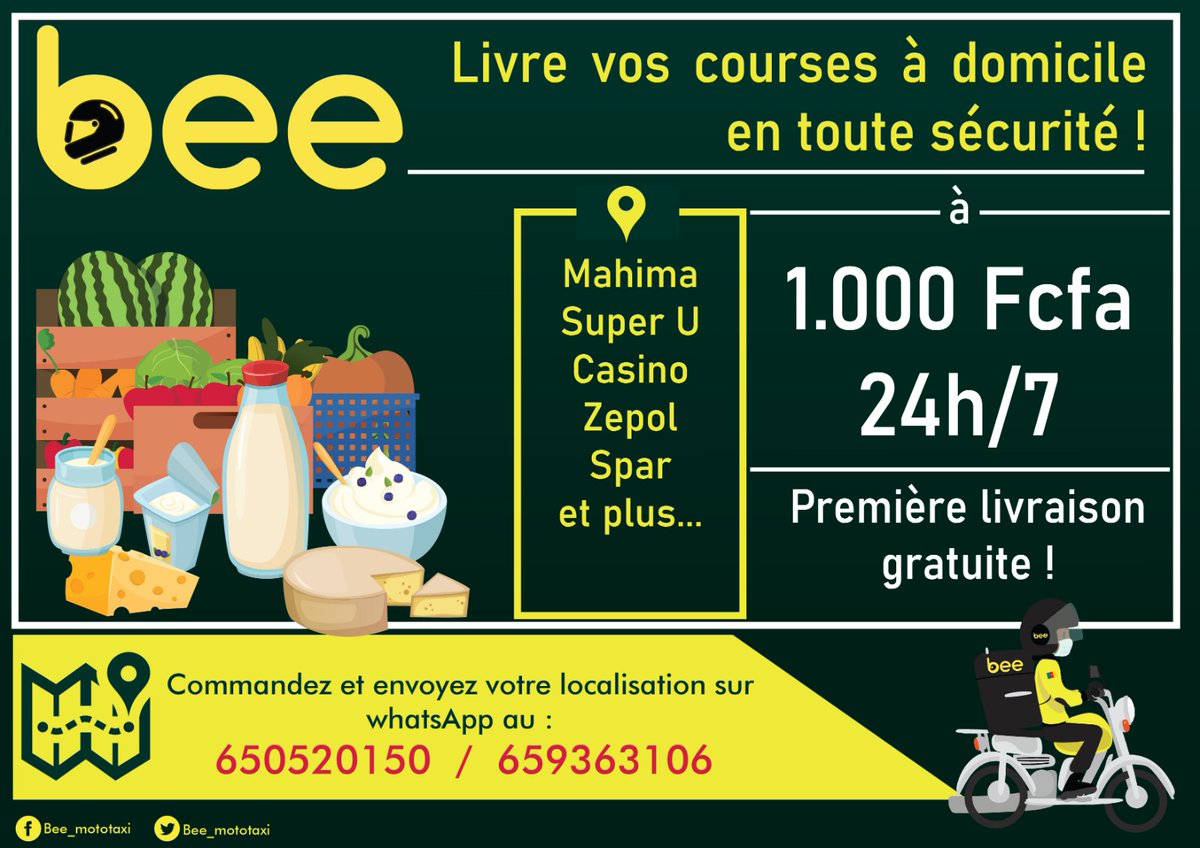 BeeFinancing's tweet photo. 😍COURSES ,LIVRAISONS RAPIDE À 1000FCFA 1ERE LIVRAISON GRATUITE ! 😍

Soyez responsable et limiter vos déplacement afin de réduire la propagation du Covid-19 . faites appel à Bee pour toutes vos couses et livraisons à domicile ou au Bureau
📞 650520150
#RestezChezvous #COVID19 https://t.co/dj3xzikXcw