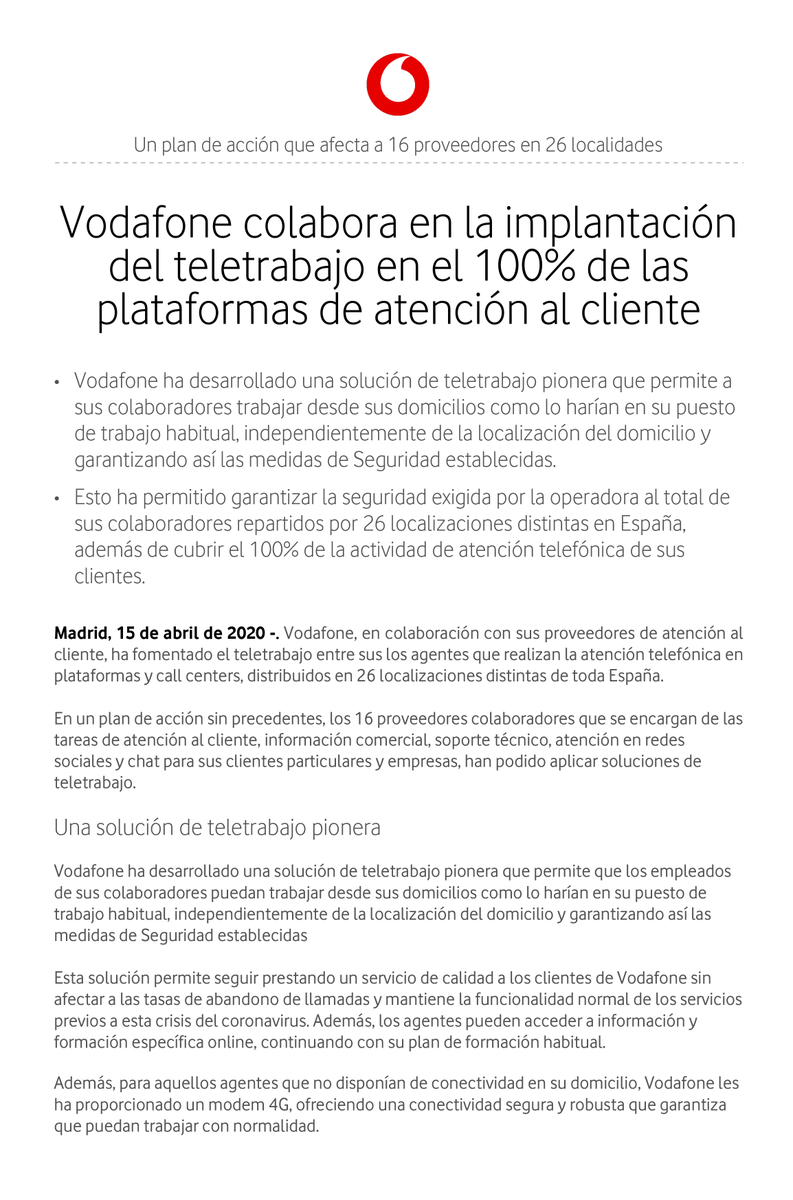 vodafone_es's tweet photo. 🔴 COMUNICADO OFICIAL | Vodafone implanta el teletrabajo en el 100% de las plataformas de atención a sus clientes. Ponemos en marcha un plan de acción pionero en colaboración con todos nuestros proveedores https://t.co/rXVb6AP5xZ