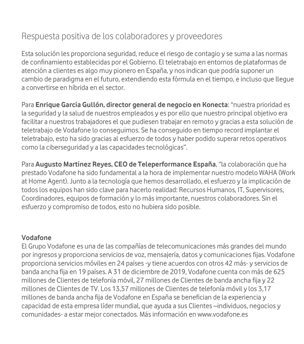 vodafone_es's tweet photo. 🔴 COMUNICADO OFICIAL | Vodafone implanta el teletrabajo en el 100% de las plataformas de atención a sus clientes. Ponemos en marcha un plan de acción pionero en colaboración con todos nuestros proveedores https://t.co/rXVb6AP5xZ