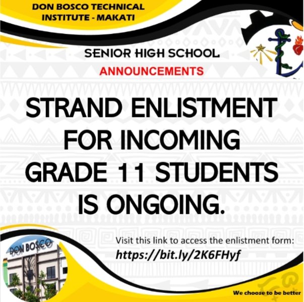 DBTISHS's tweet photo. FOR INTERESTED INCOMING GRADE 11 STUDENTS:

To be ENLISTED in your STRAND CHOICE for SY 2020-2021, kindly click the link below:
https://t.co/JfMWY5xM5M

#ChoosetobeBETTER,
#BEaBOSCONIAN
( Design: Raygie Reyes) https://t.co/r6pF3kUZre