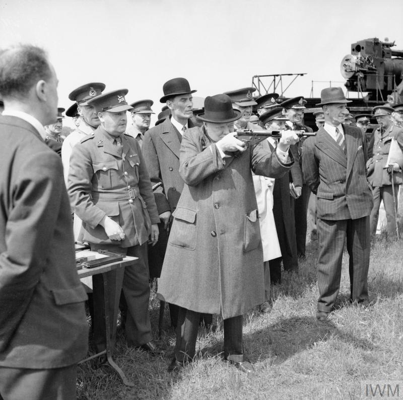 And, of course, Churchill fired a Sten gun too. Here he is at Shoeburyness in June 1941. The orig caption remarked '[Mr C] tried his hand w/an automatic gun. He fired a no. of rounds at targets some distance away & fairly peppered them'.© IWM H 10688 https://www.iwm.org.uk/collections/item/object/205197596