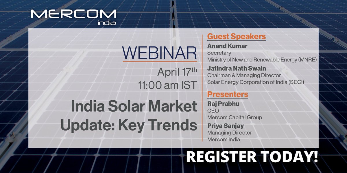 PriyaSanjay's tweet photo. #MercomWebinar: Glad to announce Mr. Anand Kumar, Secretary of @mnreindia and Mr. JN Swain, CMD at @SECI_Ltd as guest speakers for our webinar to be held on April 17, 2020, at 11 am. Please register here https://t.co/zFdZWFS37Q 
@secretary_mnre @aanandk27 https://t.co/vBlxaeZREB