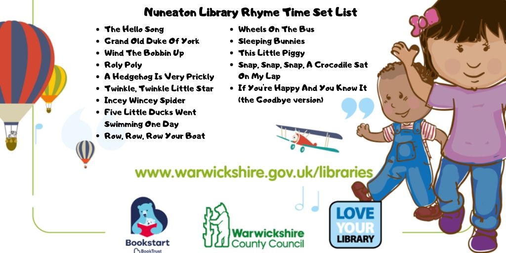warkslibraries's tweet photo. Thursday morning at #NuneatonLibrary is usually Rhyme Time morning so today, here's what we would have had on our #RhymeTimeSetList today.
All the staff wave a big 'hello' and will look forward to seeing you back in the future.
#StaySafeStayHome
#LibrariesFromHome https://t.co/kTA1QgtTYL