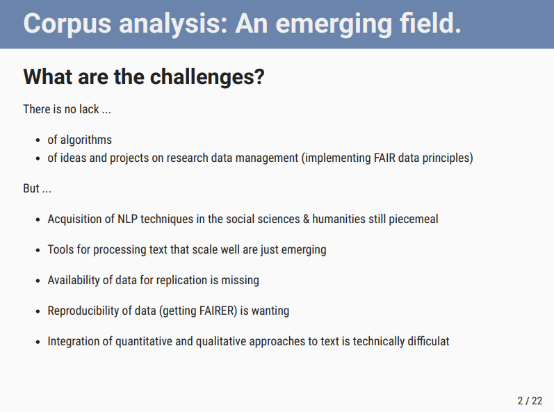 SSHOpenCloud's tweet photo. #SSHOCwebinar A. Blätte: the emerging field of #CorpusAnalysis now needs:
🔹Acquisition of #NLP techniques in #SSH
🔹Tools for processing text that scale well
🔹Availability of data for replication
🔹More data reproducibility
🔹Integration of quantitative &amp; qualitative approaches https://t.co/P7gXGWgWCc