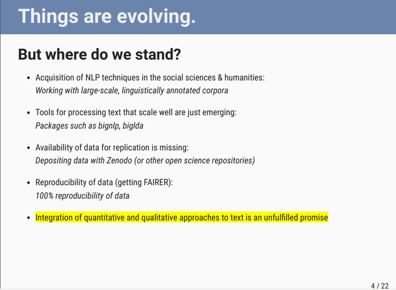 SSHOpenCloud's tweet photo. #SSHOCwebinar A. Blätte: the emerging field of #CorpusAnalysis now needs:
🔹Acquisition of #NLP techniques in #SSH
🔹Tools for processing text that scale well
🔹Availability of data for replication
🔹More data reproducibility
🔹Integration of quantitative &amp; qualitative approaches https://t.co/P7gXGWgWCc
