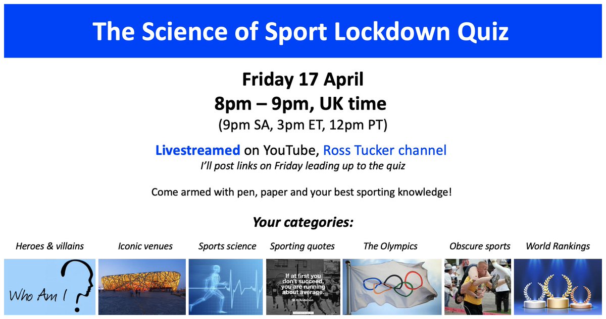 Are you studying up on all things sport? The first ever Science of Sport #lockdown quiz happens tomorrow night, 17 April, 8pm UK time, live on my YouTube channel (youtube.com/channel/UC3z3c…). Here are your categories, so get your teams &amp; team-mates together and prepare for battle!