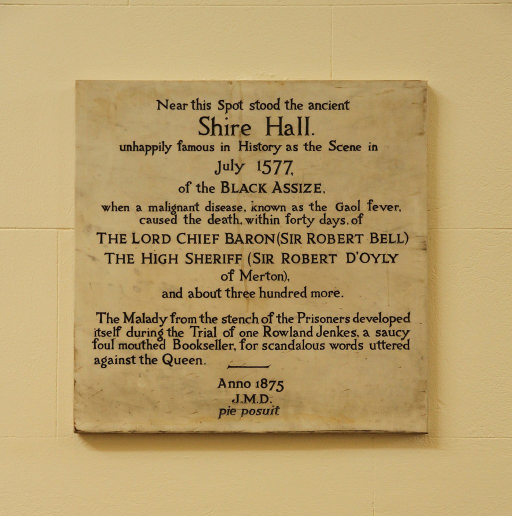 Typhus's other longstanding nickname was "gaol fever". It killed ¼ of inmates and many magistrates in England's filthy, overcrowded prisons—the "Black Assizes" of Cambridge, Exeter, Taunton & London. When 300 died in Oxford in 1577, locals blamed a curse by one Rowland Jenkes. 9/