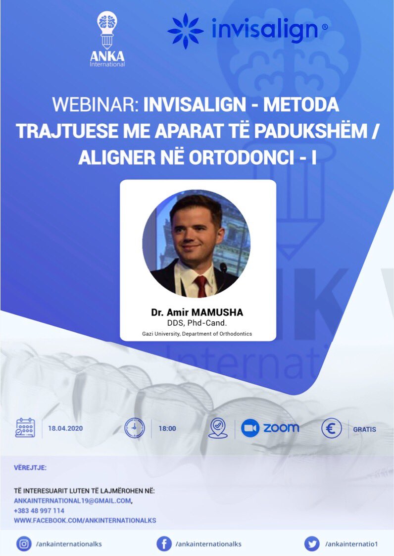ankainternatio1's tweet photo. Me datën 18.04.2020 në ora 18:00 dr @amamusha do të ligjëroj për @Invisalign! Linku për lidhje: 
https://t.co/tJgrwQf0tW

Meeting ID: 402 897 9759
Password: 691960 https://t.co/GbTJ4d4CYE