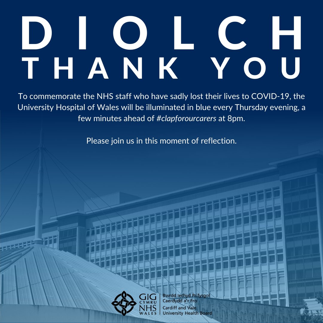 CV_UHB's tweet photo. Ahead of #ClapForOurCarers at 8pm, virtually join us tonight for a moment of reflection and commemoration for those who have lost their lives to #COVID19, as UHW is illuminated in blue.

Please do not travel to UHW for this. https://t.co/lSm1Kr61zk