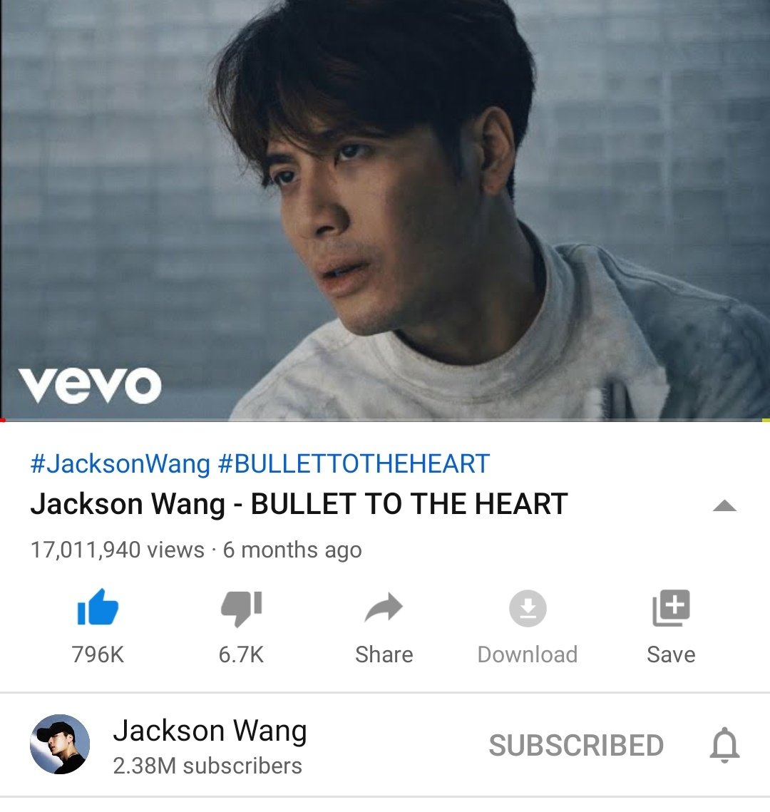 GOT7StreamTeam's tweet photo. Jackson Wang's #BULLETTOTHEHEART MV has surpassed 17M views 👏👏

Current Views: 17,011,940
Likes: 796k

MV Link: https://t.co/2dWBJxYxgp

#TEAMWANG #JacksonWang 
@JacksonWang852 @GOT7Official https://t.co/oiizVeaprg