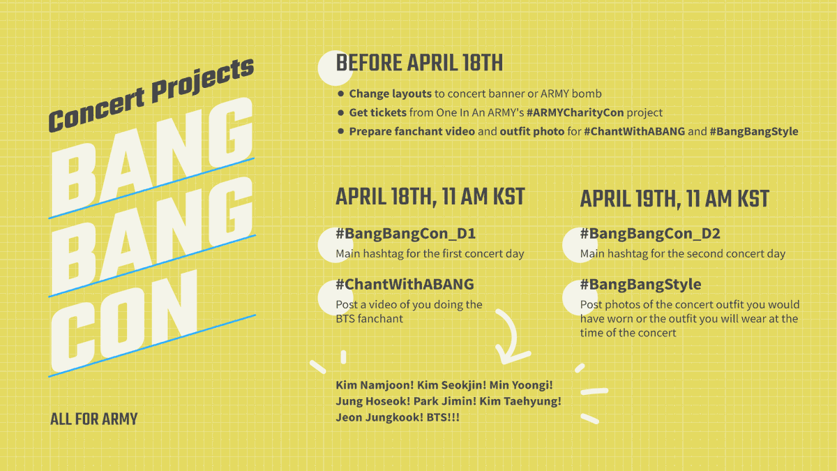[ #BANGBANGCON x Projects]A day may come when ARMY don't have a BTS concert full of projects but it is not today, today we prepare!Refer to the poster below for information on what to prepare before the concert, what projects we will be promoting, and what hashtags to use.
