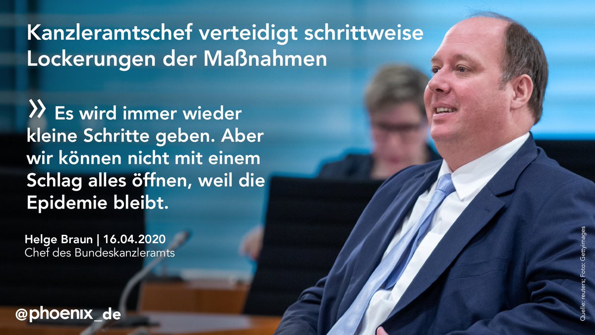 phoenix_de's tweet photo. Der Chef des Kanzleramts, @hbraun hat die schrittweisen Lockerungen der #Ausgangsbeschränkungen verteidigt. Um einen zu hohen Publikumsverkehr in den Innenstädten zu verhindern, müssten größere Geschäfte weiterhin geschlossen bleiben. #Coronavirus #COVID19 https://t.co/VWcHgwZI40