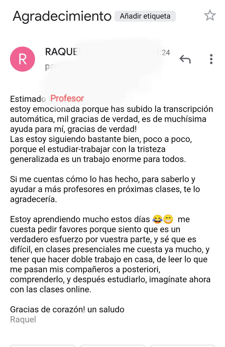 RaquelDelgM's tweet image. Una idea más para ayudar a estudiantes sordos en @VeterinariaUCM es subir la clase grabada oralmente y adjunto el texto transcrito automático.
Sé que no cuesta mucho darle a un botoncito para activar la transcripción, pero estoy muy agradecida! @unicomplutense @diUCM #COVID19